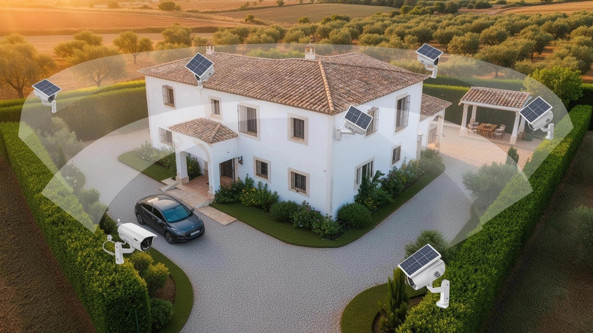 Diagrama mostrando la altura correcta de 3 metros para instalar una cámara de seguridad solar en la fachada de una casa