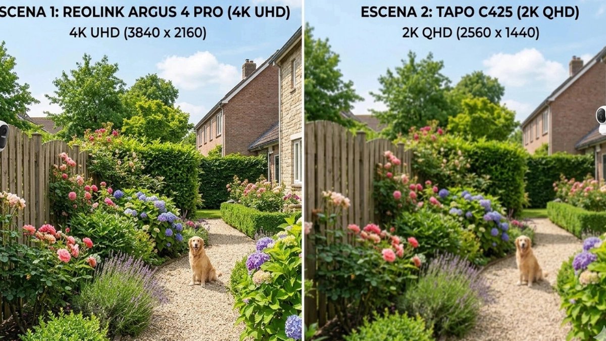 Comparativa visual de resolución en cámaras solares 4K vs 2K, mostrando la diferencia entre una cámara de seguridad solar 4K Ultra HD y una 2K QHD en un jardín exterior.