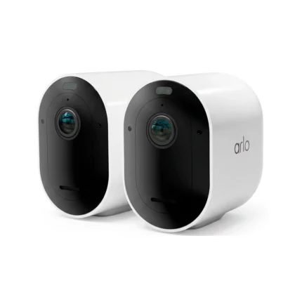 Pareja de cámaras de seguridad inalámbricas Arlo Pro 5 en color blanco y negro, mostrando su lente frontal sobre fondo blanco.