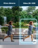 Comparativa de calidad de imagen de un patio entre el desenfoque de otras cámaras frente a la nitidez y balance de luces del vídeo 2K+ HDR de la Arlo Pro 5.