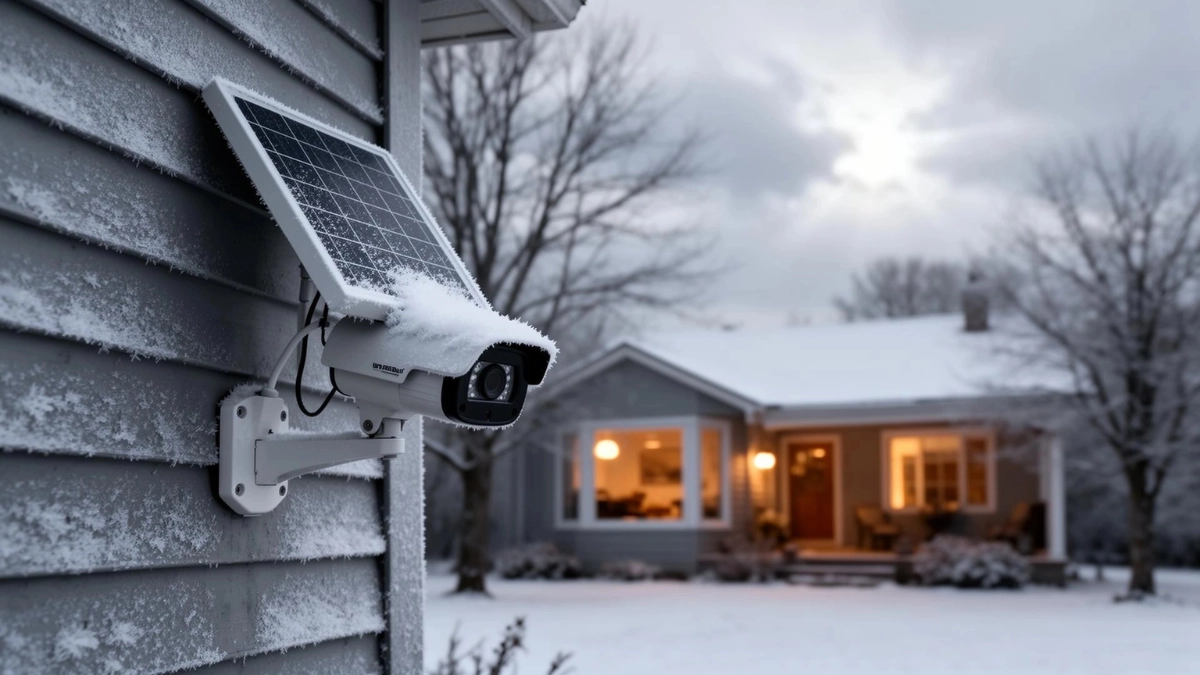 Batería cámara solar en invierno funcionando con nieve en panel solar instalado en exterior