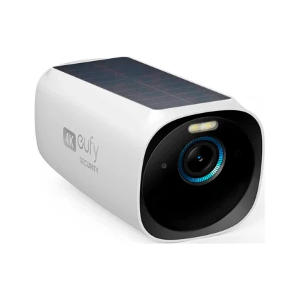 Cámara de seguridad solar inalámbrica eufyCam S330 BionicMind sobre fondo blanco neutro.