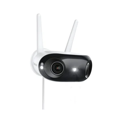 Cámara panorámica de seguridad Reolink Argus 4 Elite con cable de alimentación continua sobre fondo blanco.