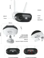 Diagrama técnico con dimensiones, ubicación de focos, lentes y ranura microSD de la Reolink Argus 4 Elite.