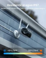 Cámara de seguridad Reolink Argus 4 Elite funcionando en el exterior bajo una lluvia intensa.