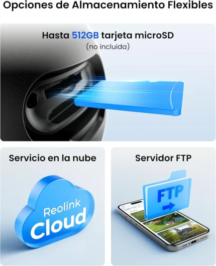 Opciones de almacenamiento de la cámara Reolink Atlas PT Ultra con tarjeta microSD hasta 512GB, Reolink Cloud y servidor FTP.
