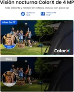 Comparativa de visión nocturna a color de 4 MP con tecnología ColorX y apertura f/1.0 en la Reolink Atlas PT Ultra frente a lentes tradicionales.