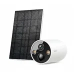 Kit completo de la cámara inalámbrica TP-Link Tapo C425 junto a su panel solar sobre fondo blanco para catálogo.