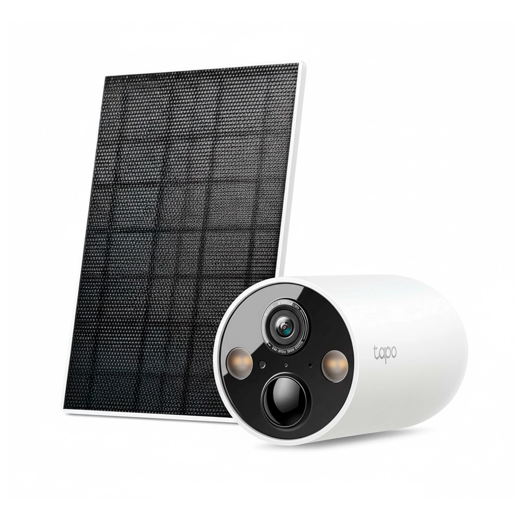 TP-Link Tapo C425 con Panel Solar Kit completo de la cámara inalámbrica TP-Link Tapo C425 junto a su panel solar sobre fondo blanco para catálogo.