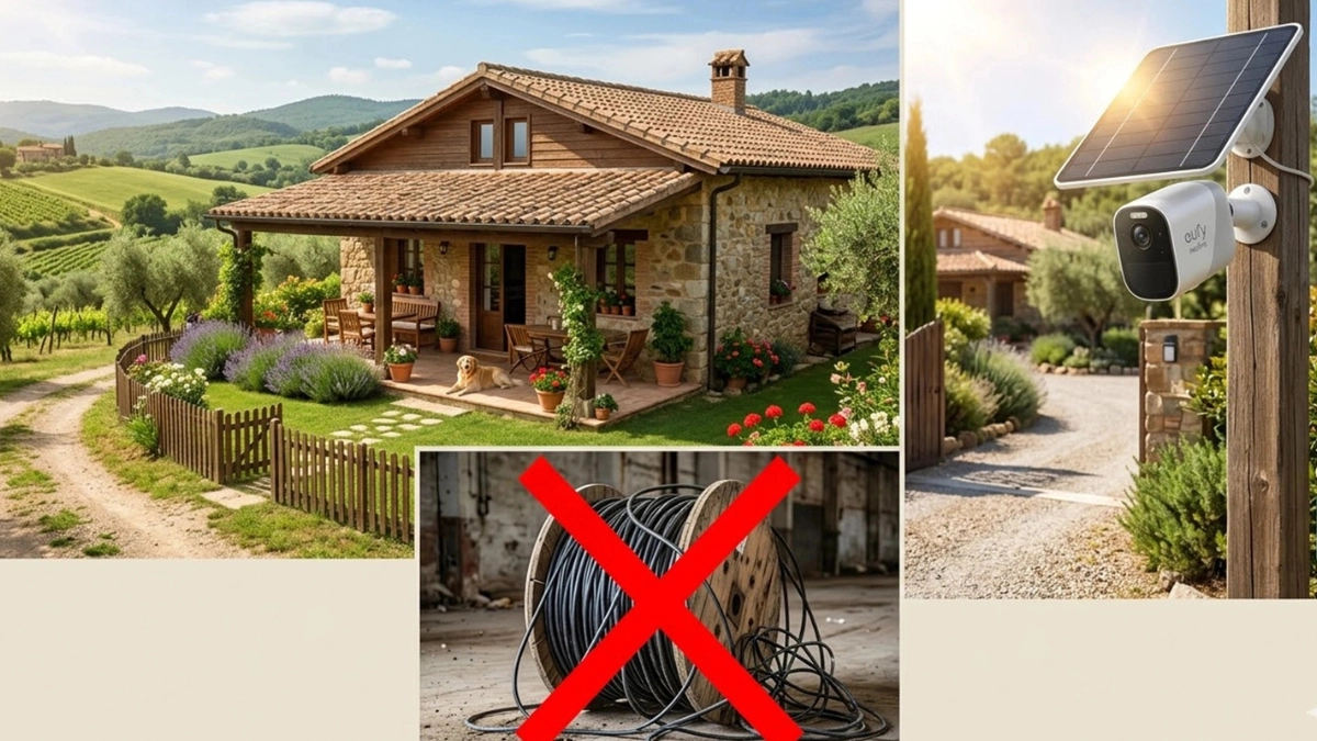 Vigilar casa o finca sin cables con cámara solar instalada en vivienda rural sin sistema cableado