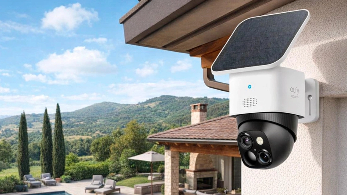 Cámara solar con visión 360 instalada en la fachada de una vivienda para vigilancia exterior.