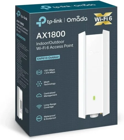 Caja del punto de acceso TP-Link Omada EAP610 Outdoor AX1800 Wi-Fi 6 con especificaciones de protección IP67 y tecnología Mesh.