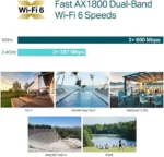 Gráfico de velocidades en doble banda Wi-Fi 6 del TP-Link Omada EAP610 y escenarios de aplicación en jardines, piscinas y parques.