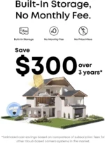 Gráfico que muestra el almacenamiento local integrado de la cámara de seguridad, destacando el ahorro al no requerir suscripciones ni cuotas mensuales.