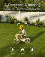Demostración del sistema de inteligencia artificial de la cámara rastreando a un niño en bicicleta, con capacidad para reconocer humanos, vehículos y mascotas.
