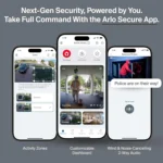 Interfaz de la aplicación móvil Arlo Secure mostrando zonas de actividad y audio bidireccional.