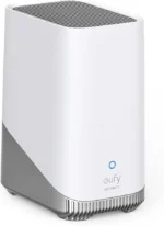 Módulo eufy HomeBase 3 S380 de color blanco con indicador LED azul para guardar grabaciones locales del eufy Video Doorbell E340.