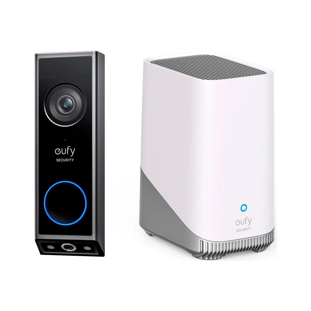 eufy Video Doorbell E340 y HomeBase 3 Timbre inteligente eufy Video Doorbell E340 de doble cámara junto al módulo central de almacenamiento HomeBase 3 sobre fondo blanco.