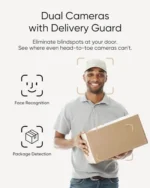 Repartidor de mensajería sosteniendo una caja frente a la puerta, ilustrando la función de detección de paquetes del eufy Video Doorbell E340.