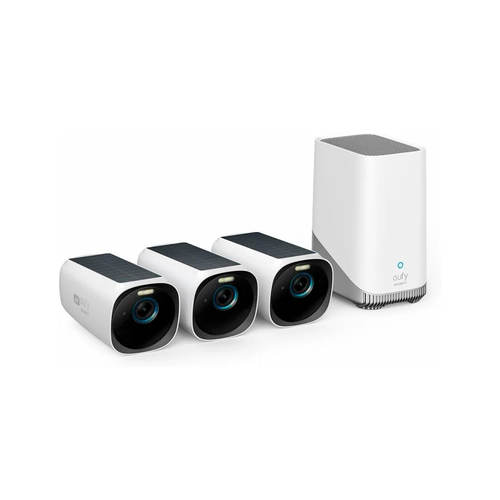 eufyCam S330 con HomeBase incluida Kit eufyCam S330 con tres cámaras solares 4K y HomeBase para almacenamiento local sin cuotas