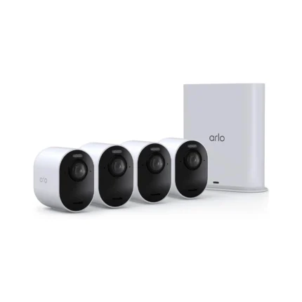 Kit de 4 cámaras de seguridad Arlo 4K inalámbricas para exterior con estación base SmartHub blanca.