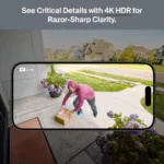 Visualización nítida en 4K HDR desde un móvil mostrando la detección de un repartidor de paquetes en la entrada de casa.