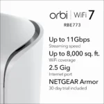 Ficha de características del NETGEAR Orbi 770 RBE773 con velocidad de 11 Gbps y cobertura de 750 metros cuadrados