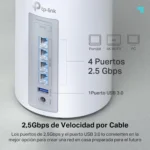 Detalle de los 4 puertos Ethernet de 2.5 Gbps y puerto USB 3.0 en el TP-Link Deco BE65