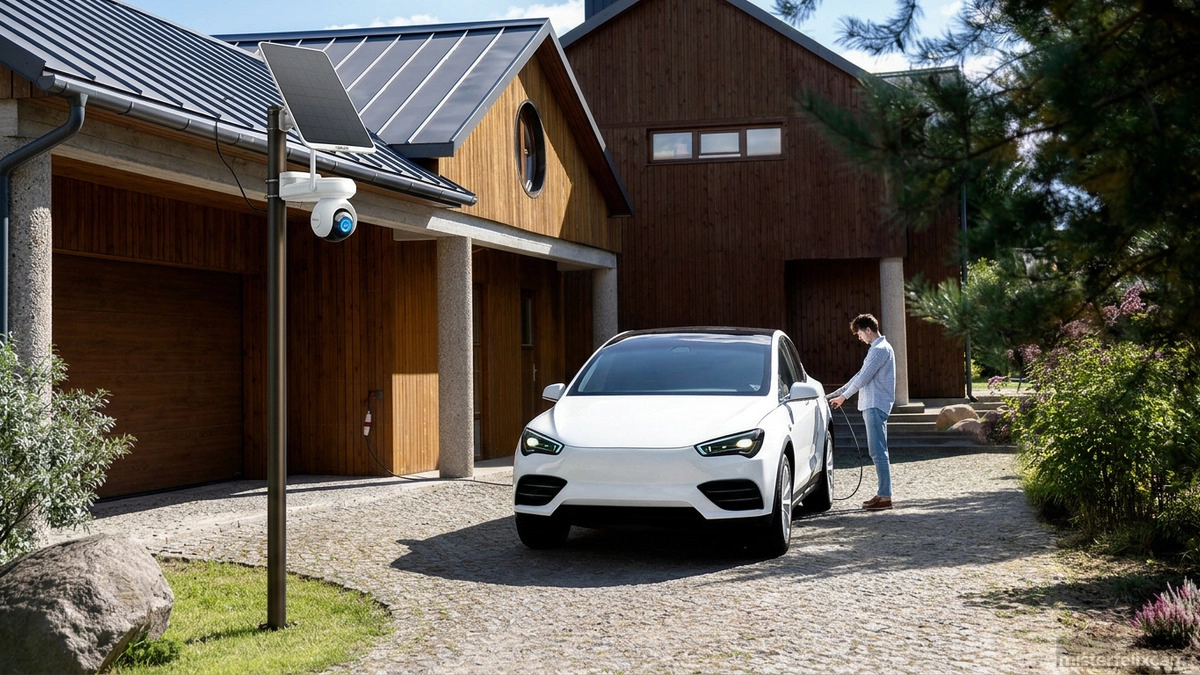 Cámara de seguridad solar para garaje instalada en vivienda unifamiliar vigilando la entrada y el vehículo