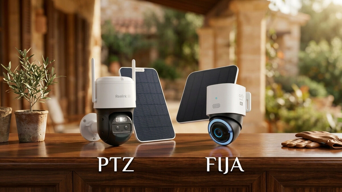 Cámara solar PTZ comparada con una cámara solar fija para vigilancia exterior.