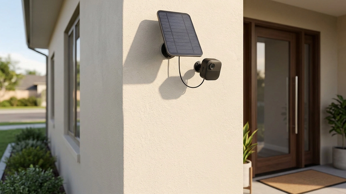 Blink Outdoor 4 panel solar instalado en exterior de vivienda con cámara de seguridad inalámbrica