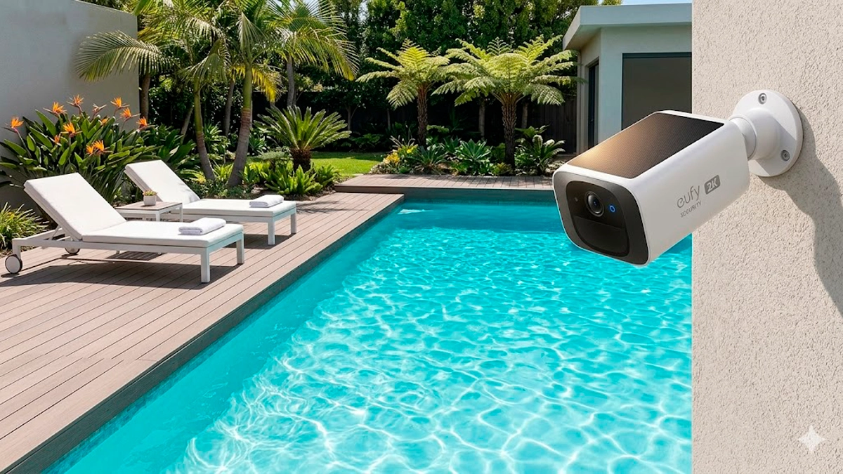 Cámara solar para piscina instalada en pared exterior vigilando zona de baño sin cables