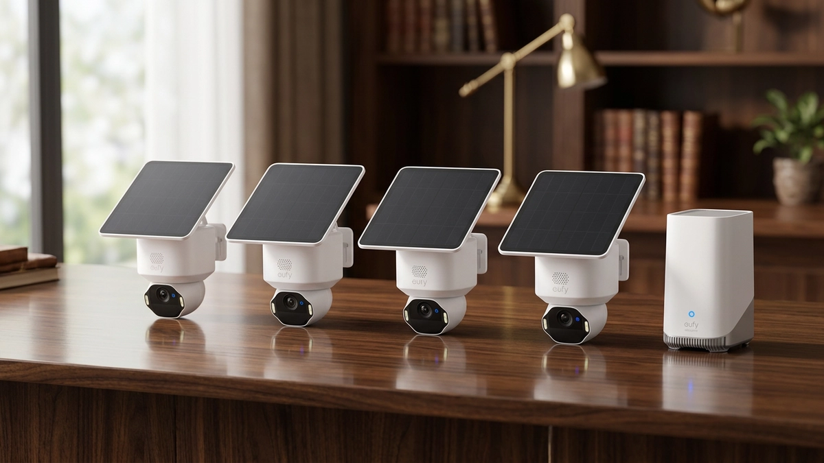 eufy Security SoloCam E42 Kit HomeBase S380 instalada en exterior con vigilancia perimetral sin cuotas