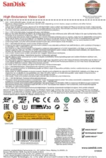 Reverso del empaque de la tarjeta SanDisk High Endurance de 512 GB con especificaciones de garantía, resistencia y certificaciones.