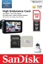 Tarjeta SanDisk High Endurance de 512 GB con adaptador SD junto a una cámara de auto dash cam y una cámara de seguridad domo.