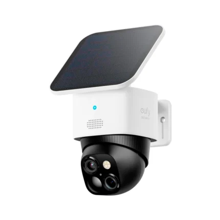 Cámara de seguridad solar eufy Security SoloCam S340 con panel integrado sobre fondo blanco.