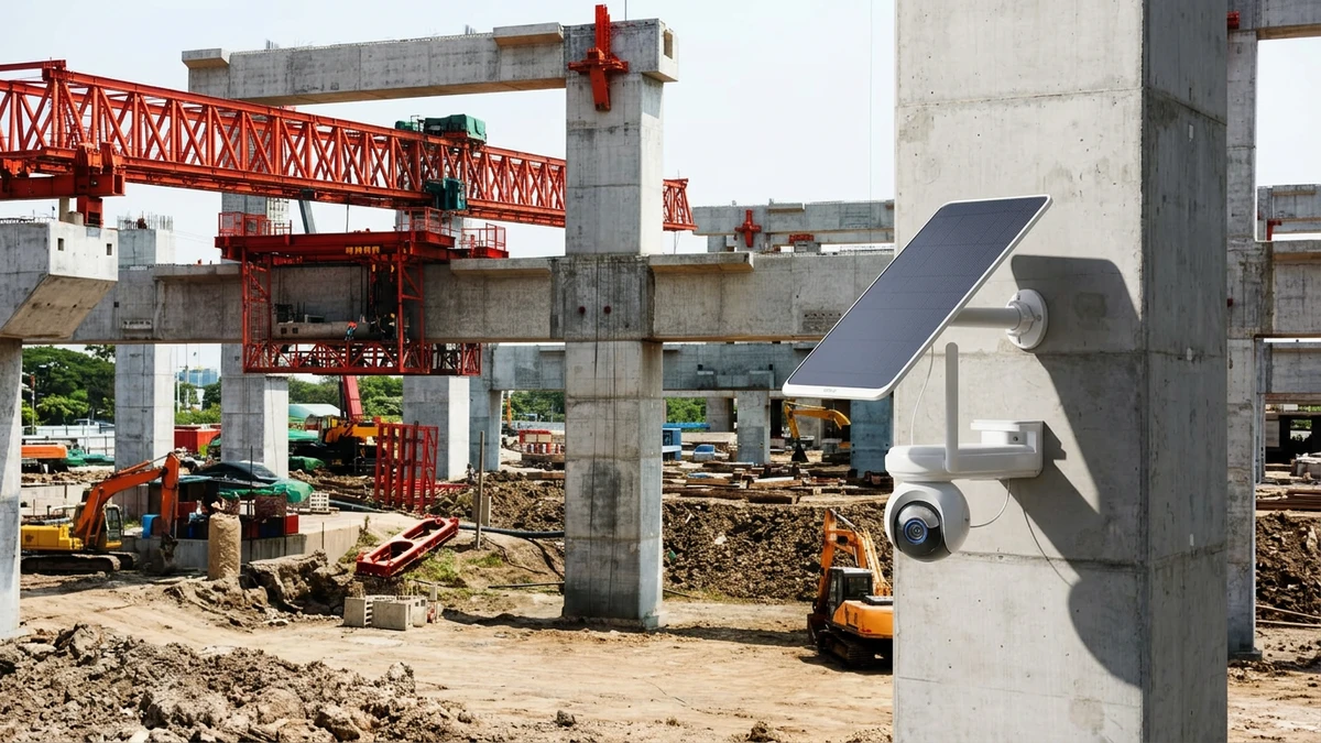 Cámara de seguridad para obra solar e inalámbrica instalada en columna de hormigón en una construcción.
