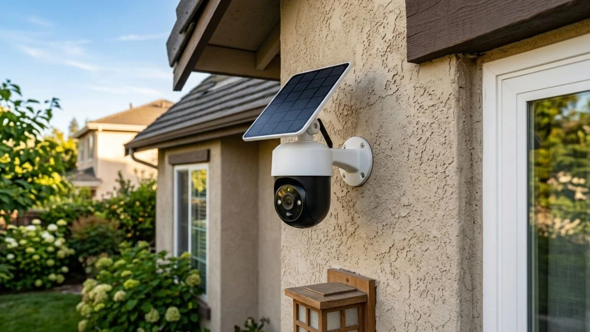 Una de las cámaras de seguridad solares baratas instalada en la pared exterior de una casa junto a un panel solar.