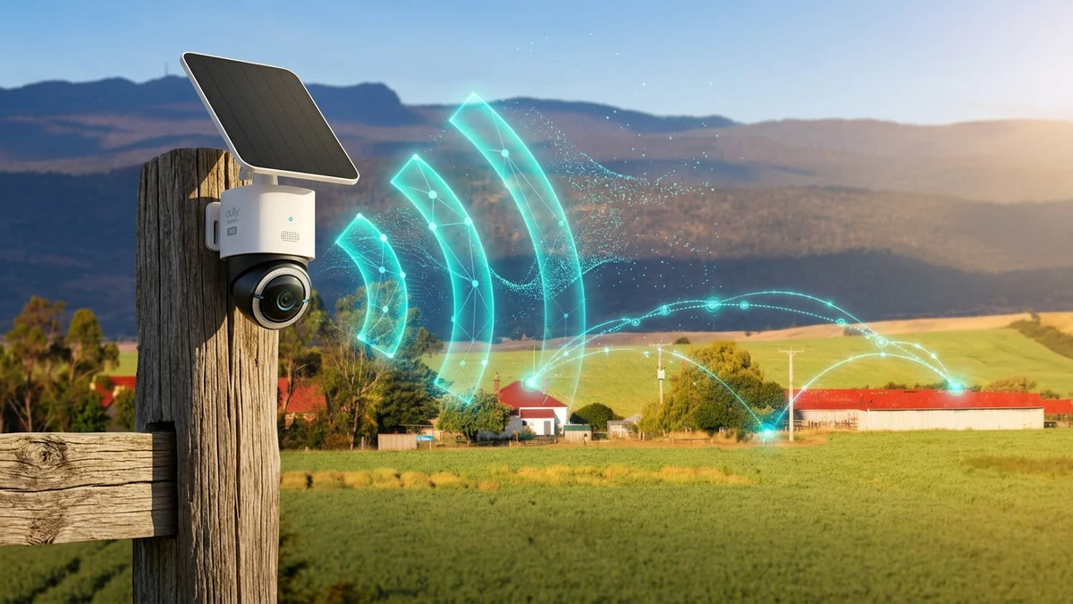 Cámara de seguridad solar instalada en un poste conectándose a la red WiFi para cámaras de seguridad mediante ondas de señal sobre un terreno rural.