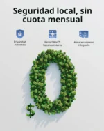 Infografía de eufy HomeBase 3 destacando cero cuotas mensuales, privacidad avanzada y 16 GB integrados.