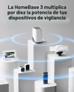 Diagrama de la eufy HomeBase 3 emitiendo señal de cobertura a múltiples cámaras y monitores.